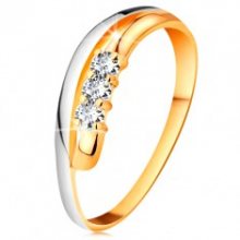 Briliantový prsten ve 18K zlatě, zvlněné dvoubarevné linie ramen, tři čiré diamanty BT503.69/75