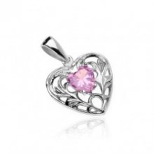 Stříbrný přívěsek 925 - zdobené srdce s růžovým zirkonovým srdíčkem O14.18