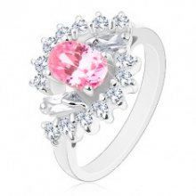 Prsten ve stříbrném odstínu, broušený ovál růžové barvy, čiré zirkonové oblouky V16.02