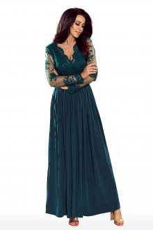 Exkluzivní dámské šaty s výšivkami a dlouhým rukávem dlouhé zelené - S
