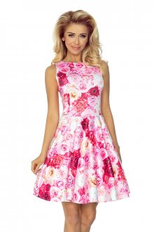 Společenské exkluzivní šaty s kolovou sukní s potiskem květin růžové - XS