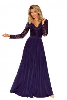 Exkluzivní dámské šaty s krajkovým dekoltem a dlouhým rukávem dlouhé tmavě modré - S