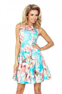 Společenské exkluzivní šaty s kolovou sukní s potiskem květin modré - XS