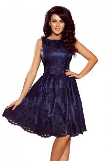 Společenské dámské šaty středně dlouhé krajkové tmavě modré - XS