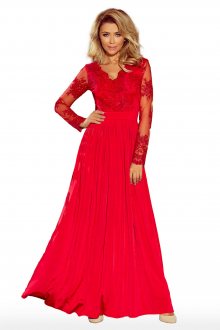 Exkluzivní dámské šaty s výšivkami a dlouhým rukávem dlouhé červené - L