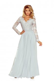 Exkluzivní dámské šaty s krajkovým dekoltem a dlouhým rukávem dlouhé šedé - S
