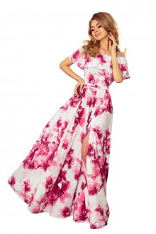Dámské MAXI šaty s volánem a s rozparkem s růžovými květy bílé - XS