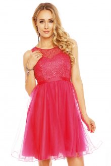 Společenské a plesové šaty s flitry a sukní ze síťoviny středně dlouhé růžové - S