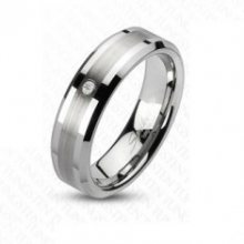 Prsten z wolframu s matným středovým pásem a čirým zirkonem, 6 mm AB37.11