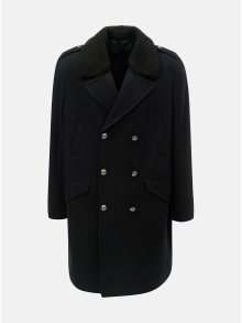 Tmavě modrý vlněný zimní kabát s odnímatelným umělým kožíškem Burton Menswear London