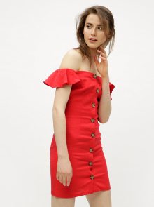 Červené lněné šaty s odhalenými rameny Miss Selfridge Button