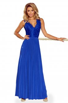Společenské dámské šaty bez rukávů krajkové dlouhé modré - M