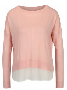 Světle růžový lehký svetr s mašlí a košilovou vsadkou ONLY Rosana