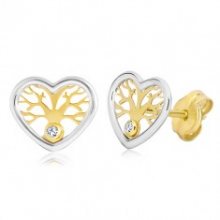 Náušnice ze zlata 585 - dvoubarevné srdce se stromem života a zirkonem GG20.11
