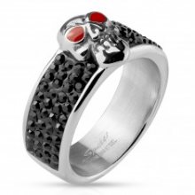 Ocelový prsten stříbrné barvy, lebka s červenýma očima, černé zirkony M15.29