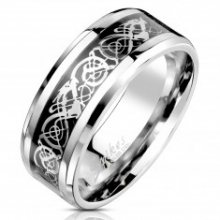Ocelový prsten s ornamentálním motivem stříbrné a černé barvy, 8 mm M17.07