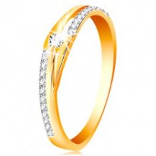 Zlatý prsten 585 - rozdělené linie ramen, třpytivé pásy a čirý zirkon GG200.31/35