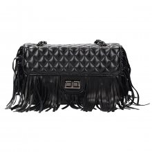 Krásná černá prošívaná crossbody kabelka s třásněmi