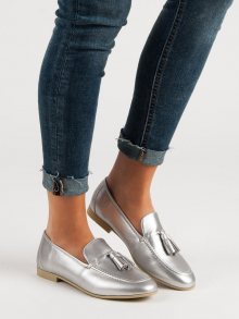 Stylové  mokasíny dámské šedo-stříbrné bez podpatku