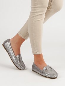 Designové šedo-stříbrné dámské  mokasíny bez podpatku