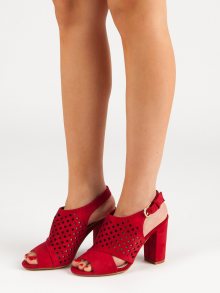 Luxusní červené  sandály dámské na širokém podpatku
