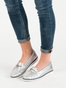 Designové dámské šedo-stříbrné  mokasíny bez podpatku