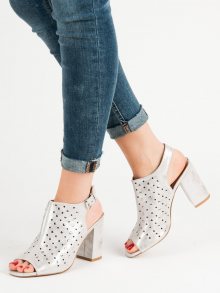 Praktické šedo-stříbrné  sandály dámské na širokém podpatku