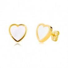 Náušnice ze žlutého 14K zlata - kontura symetrického srdce s přírodní perletí GG37.30