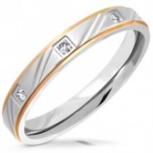 Dvoubarevný ocelový prsten - matný pás se zářezy, snížené hrany, zirkony, 3,5 mm J08.16
