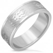 Ocelový prsten stříbrné barvy - matný pás, lesklé hrany, motiv, 8 mm J13.06