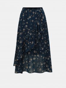 Tmavě modrá květovaná midi sukně s volánem ONLY Sheena