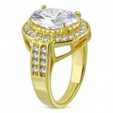 Ocelový prsten ve zlatém barevném odstínu - oválný zirkon v kotlíku, drobné zirkony J14.11