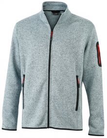 Pánská bunda z pleteného fleecu JN762 - Světle šedý melír / červená | M