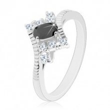 Blýskavý prsten ve stříbrné barvě, broušený černý ovál, čiré zirkony AC14.03