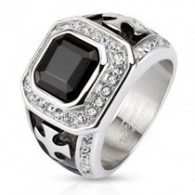 Mohutný prsten z chirurgické oceli, černý zirkonový čtverec, čiré linie, kříže HH15.8