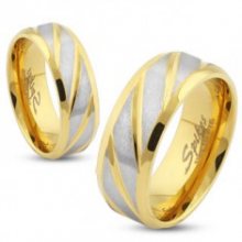 Prsten zlaté barvy z oceli, matné šikmé pásky ve stříbrném odstínu, 8 mm S83.07