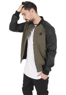 Urban Classics Cotton Bomber Leather Imitation Sleeve Jacket olv/blk - XL