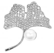 JwL Luxury Pearls Třpytivá brož Ginkgo list s pravou perlou a krystaly JL0373