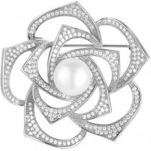 Beneto Stříbrná třpytivá brož s pravou perlou Květ AGBR4