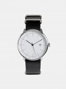 Unisex hodinky ve stříbrné barvě s černým koženým páskem CHPO Harold
