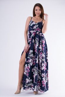 Dámské letní šaty bez rukávů s rozparkem s květinovým vzorem modré - L