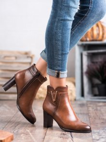 Designové dámské hnědé  kotníčkové boty na širokém podpatku