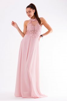Dámské plesové šaty EVA & LOLA bez rukávů se zdobeným dekoltem dlouhé růžové - L