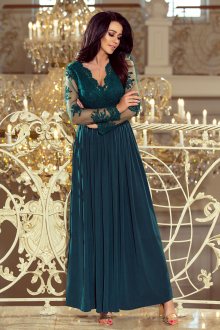 Exkluzivní dámské šaty s výšivkami a dlouhým rukávem dlouhé zelené - XL