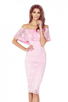 Dámské šaty s volánem středně dlouhé krajkové růžové - L