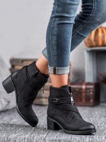 Designové dámské černé  kotníčkové boty na širokém podpatku