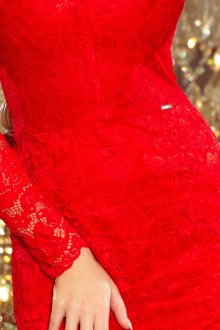 Společenské dámské šaty s dlouhým rukávem krajkové červené - XL