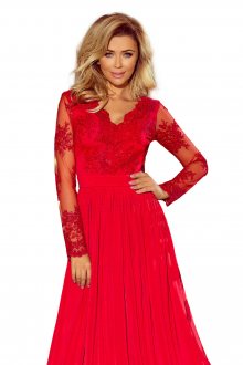 Exkluzivní dámské šaty s výšivkami a dlouhým rukávem dlouhé červené - XL