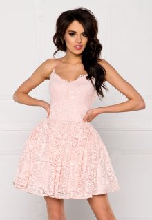 Společenské dámské šaty na ramínka krajkové s kolovou sukní růžové - XS