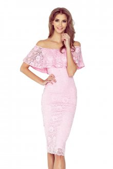 Dámské šaty s volánem středně dlouhé krajkové růžové - M